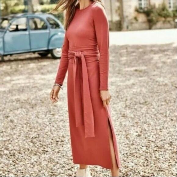 Pure Jill Tie Waist Maxi Dress L Petite Rust Affinity French Terry Side Slit NEW - Picture 6 of 12